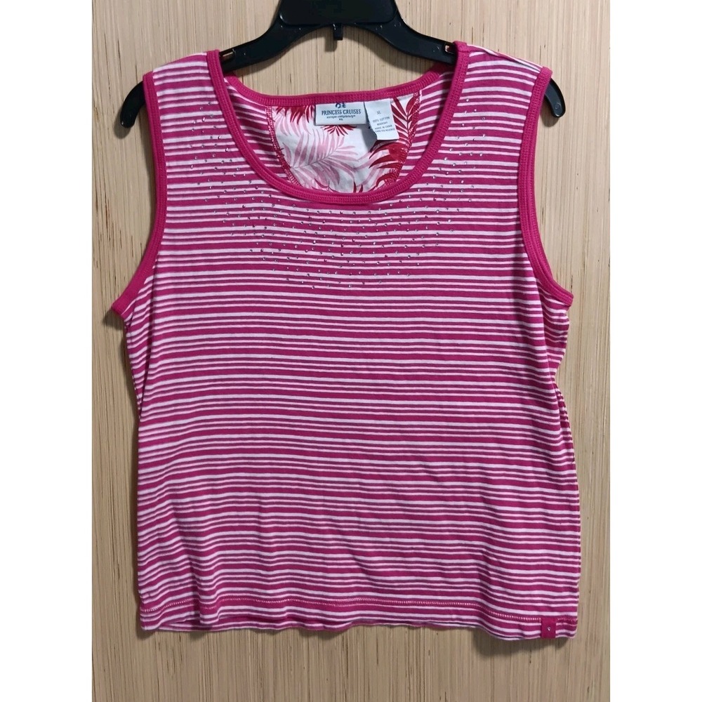 Princess Cruises Size XL Ladies Pink White Stripe Top Sleeveless Beaded Neckline